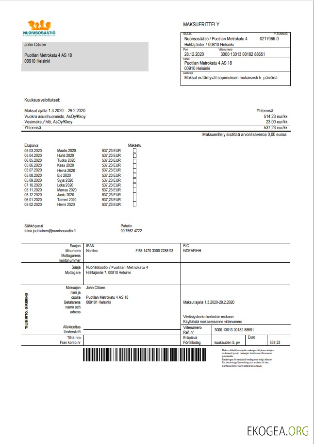 Finland Nuorisosäätiö Youth Foundation bill template in Word format
